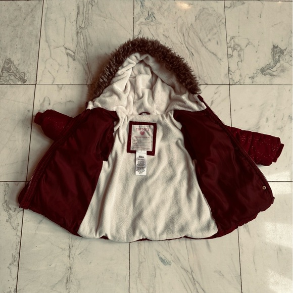 π3/$20π Carter's Red Puffer Jacket with Faux Fur Hood - Picture 2 of 10